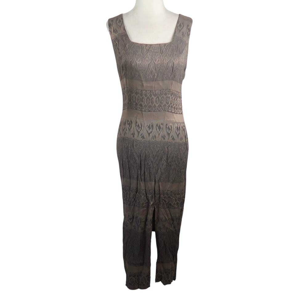 Vintage 90s Knapp Studio Taupe Brown Print Midi Pencil Dress 7